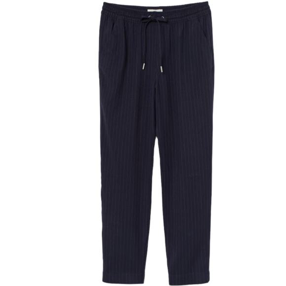H&M pinstripe drawstring waist pants ladies 8 dark blue tapered trousers - Picture 1 of 8